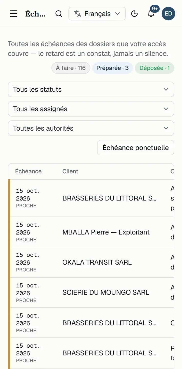 Le mur d'activité du cabinet sur téléphone : ce qui a été déposé, relancé, validé, dans la journée.