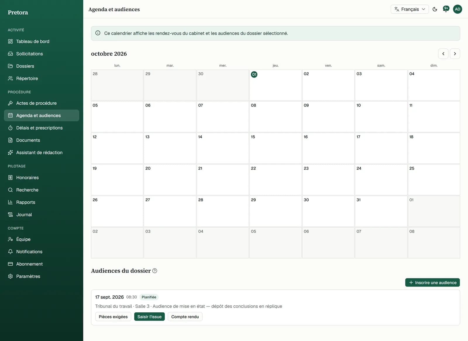 L'agenda des audiences
