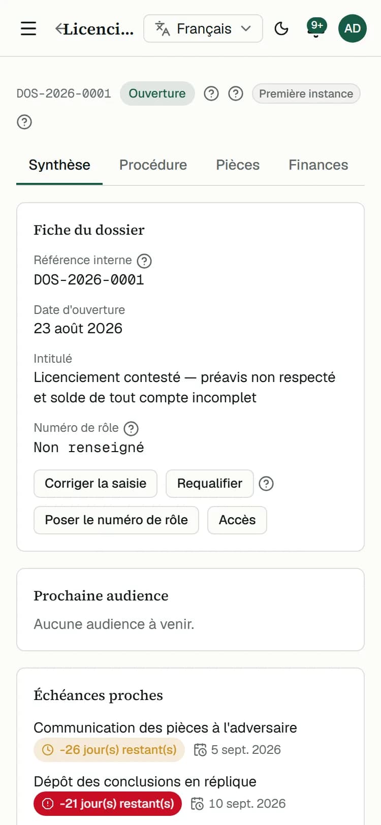 Le dossier sur téléphone, à l'audience : audience suivante, actes à produire, pièces manquantes.