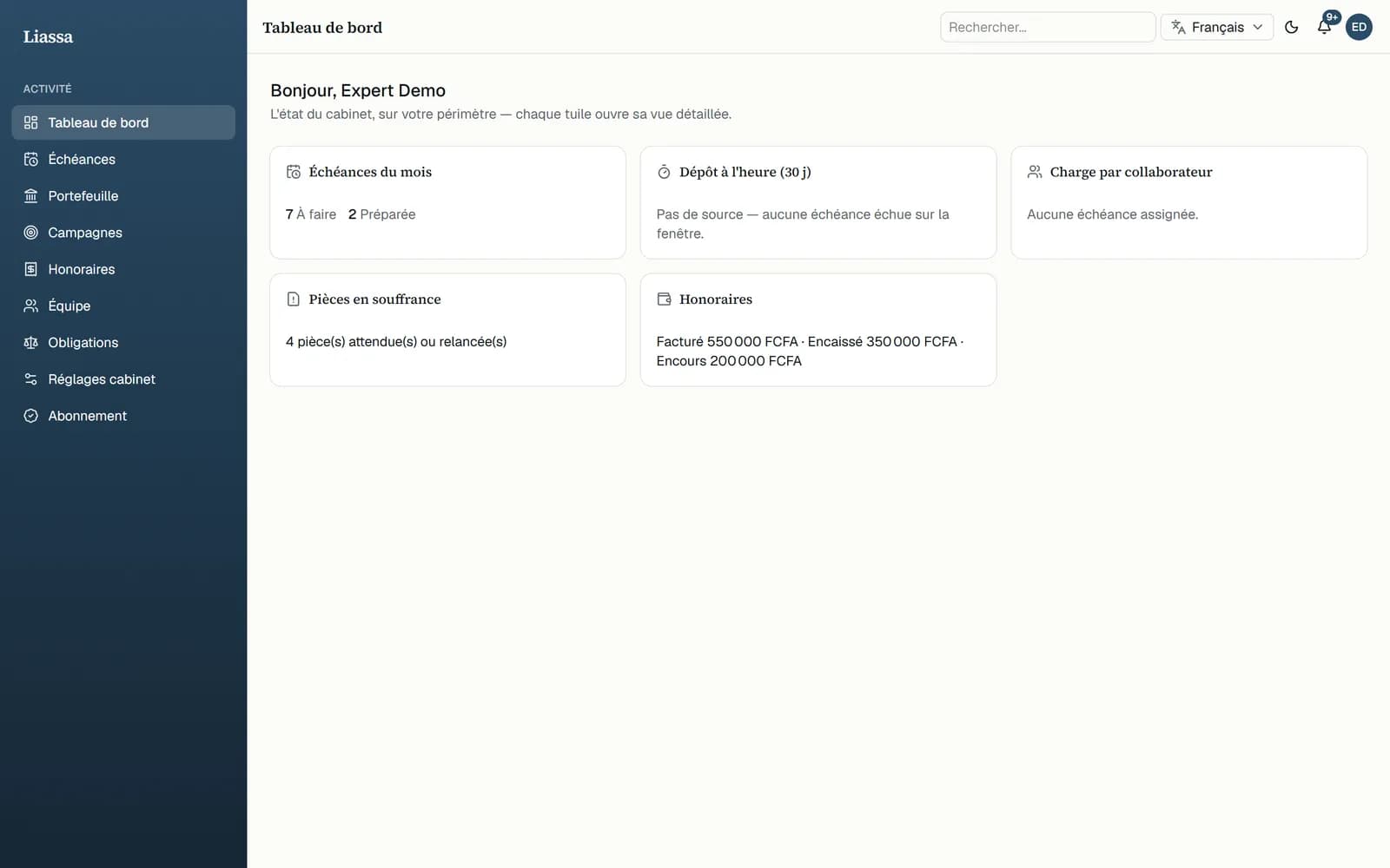 Liassa — tableau de bord d'un cabinet d'expertise comptable