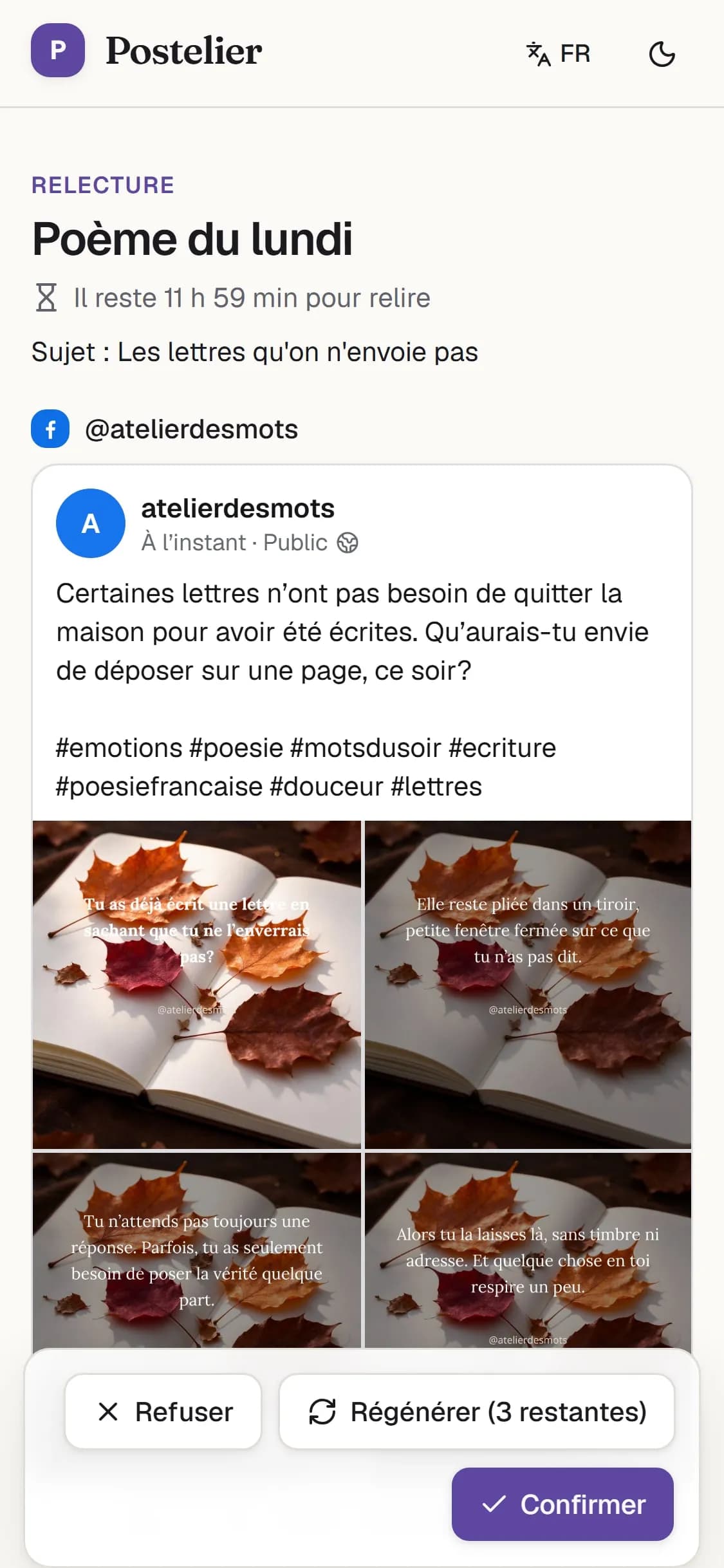 La relecture sur téléphone : l'aperçu Facebook et le temps restant pour confirmer.