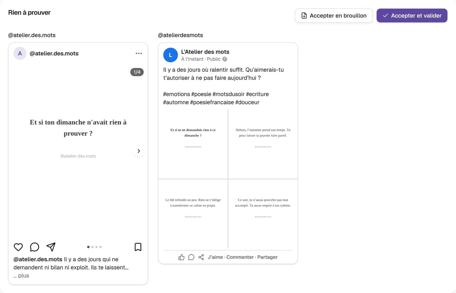 Postelier — propositions de l'IA, déclinées par compte